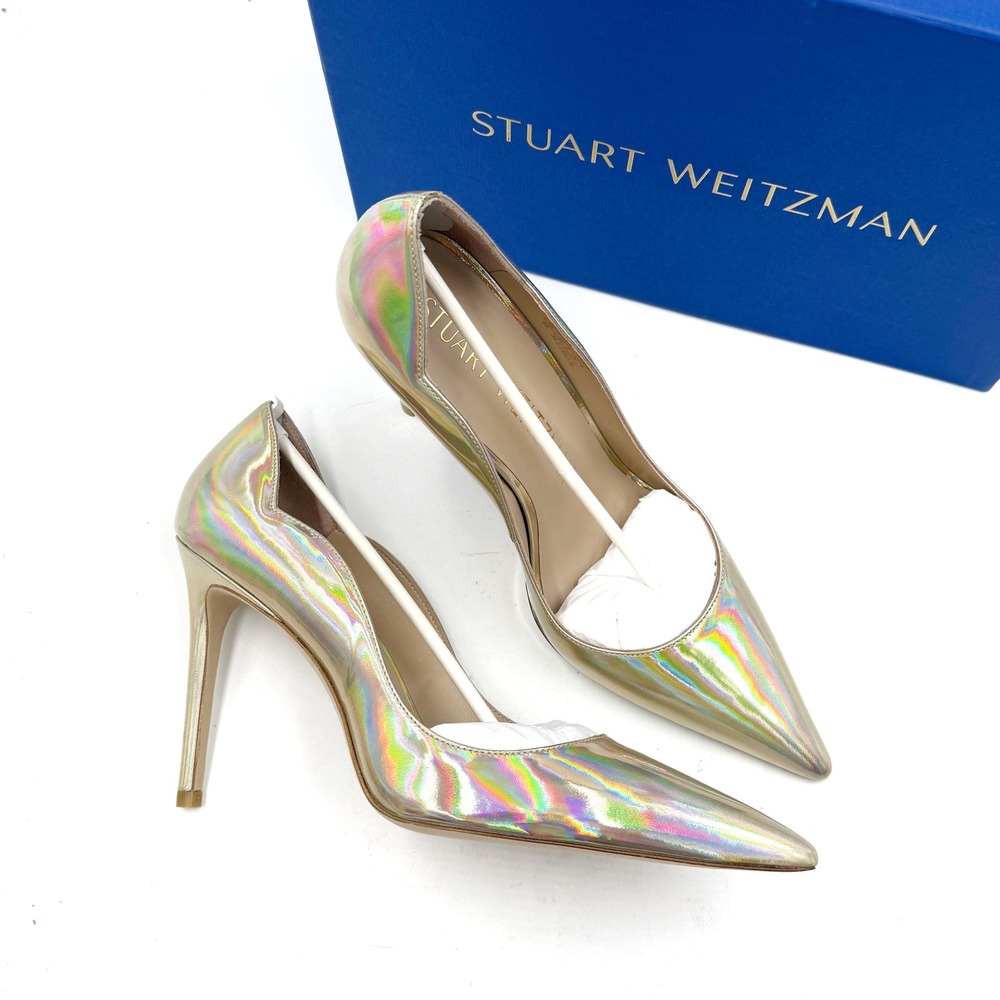 Stuart Weitzman Stuart 100 Scallop Pumps Platino Gold Pointed Toe Heels 8